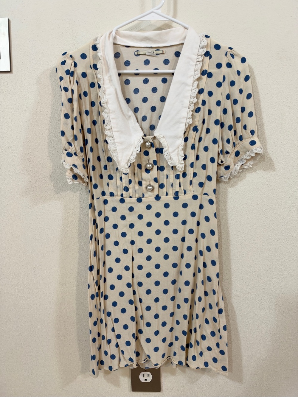 Kimchi Blue Cream Polka Dot Dress with Blue Dots and White Collar